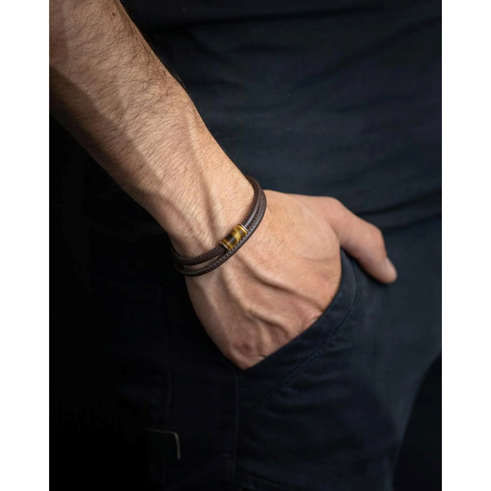 GEMINI TIGER EYE STONE LEATHER BRACELET
